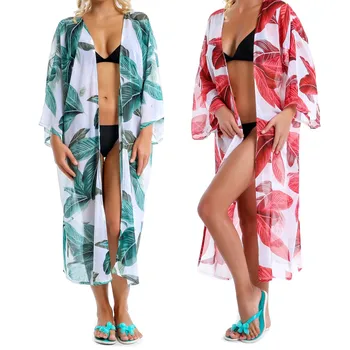 

Sexy Chiffon Perspective Beach Dress Women Summer Printed Floral Beach Tunics Shawl Cardigan Beach Cover Up Kaftan Pareo Cape