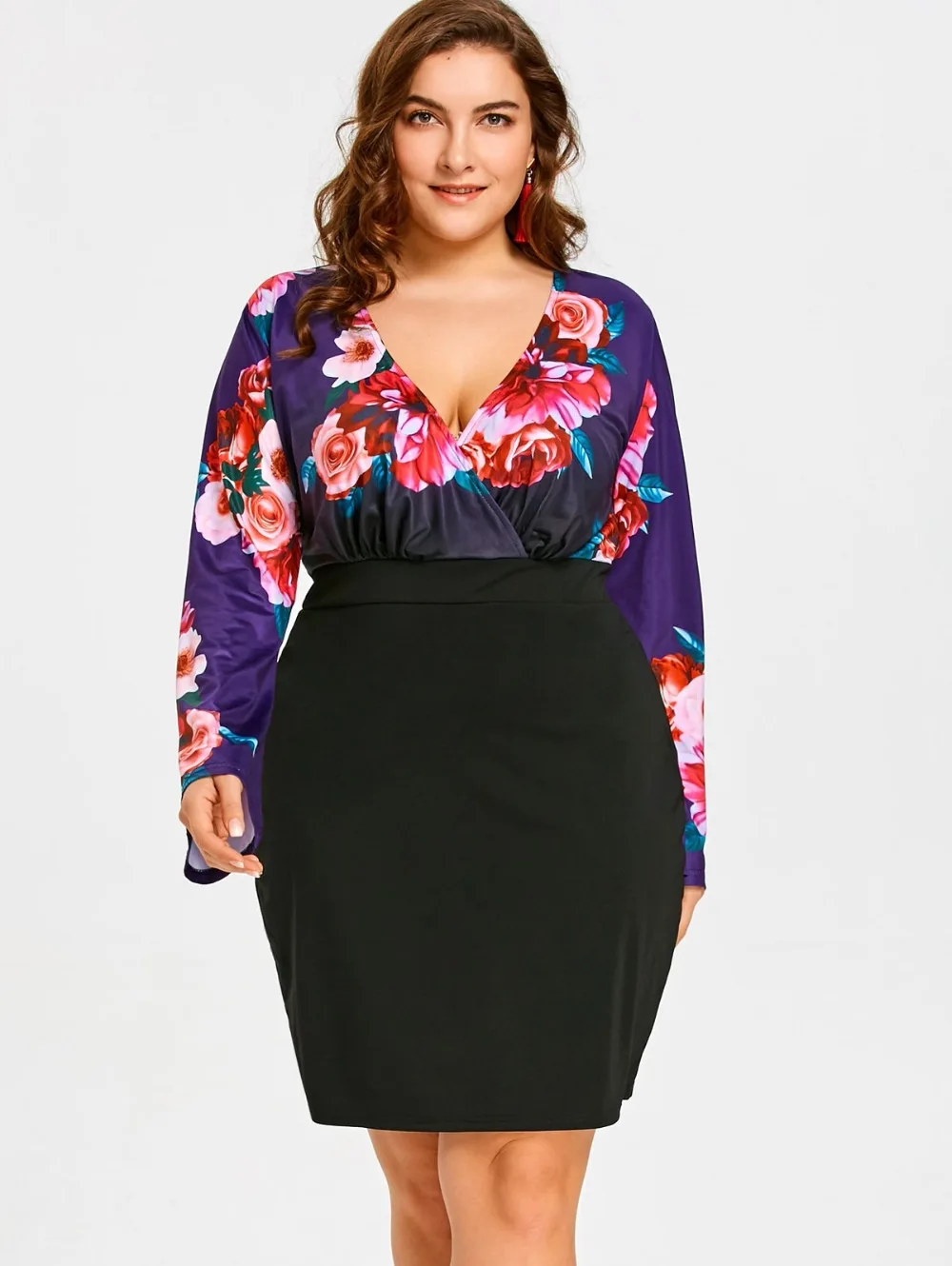 

2018 Floral Printed Plus Size Long Sleeve Dress Women Casual Office Party Dresses V-Neck Elastic High Waist Bodycon Dress 5XL