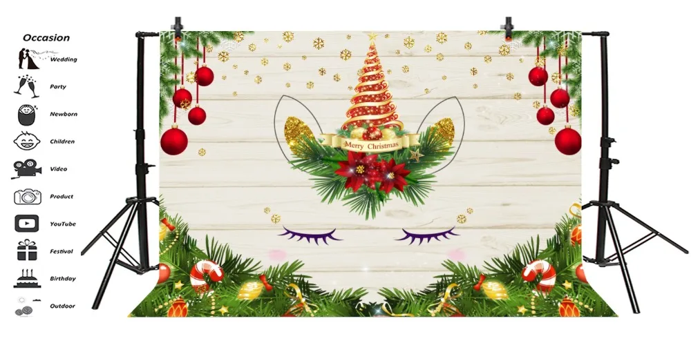 Laeacco Christmas Balls Fir Wooden Boards Unicorn Party Photography Backgrounds Custom Photographic Backdrops For Photo Studio