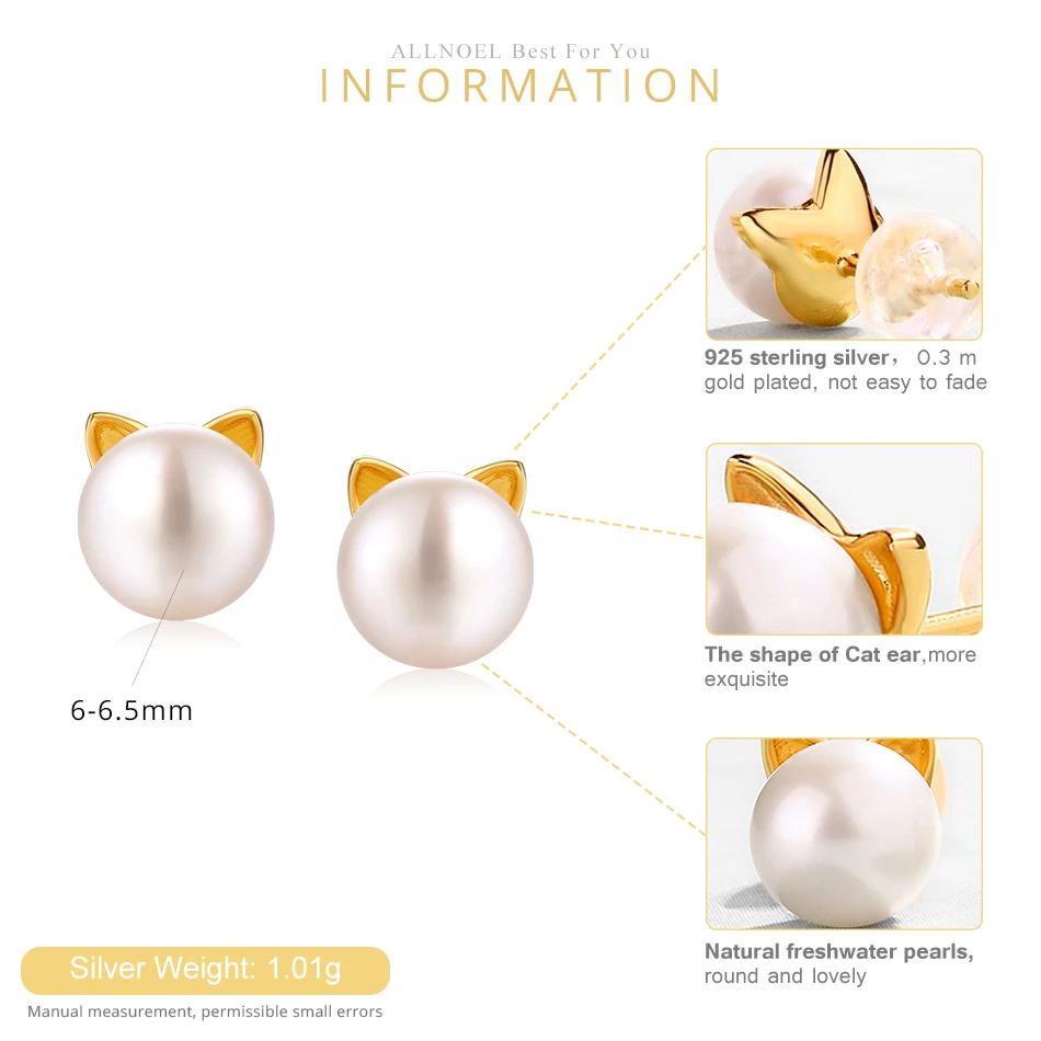 ALLNOEL Real pearl Stud Earrings For Women Solid 14K Gold Plated 925 Sterling Silver Gemstone Jewelry Cat Stud Earrings New Gift (10)