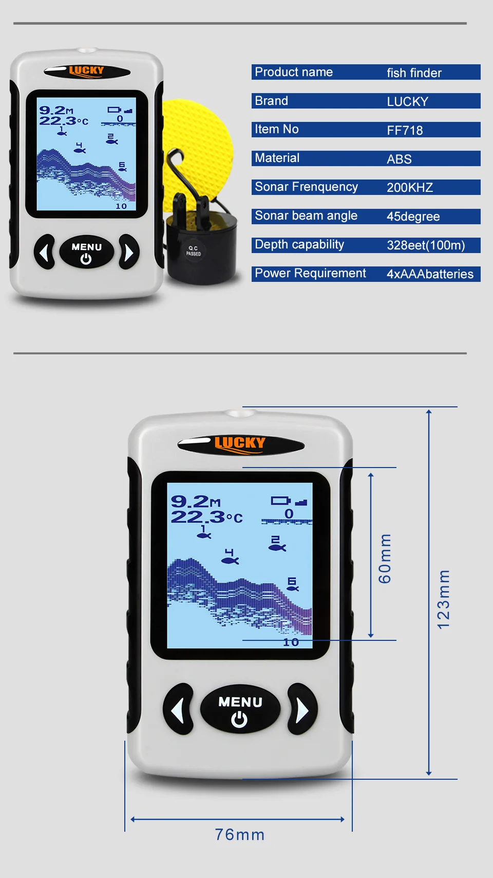 LUCKY Эхолот с меню на 3 языках: английском, русском и немецком. 100 м Глубина Портативный Проводной Эхолот FF718 Сонар Сигнализация глубокого эхолота