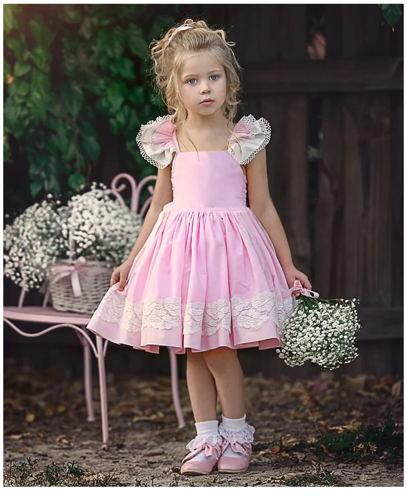 Summer New Fashion Fly Sleeve Girls Lace Dress Kids Baby Princess Birthday Party Formal Gown Dress Children Cotton (9)