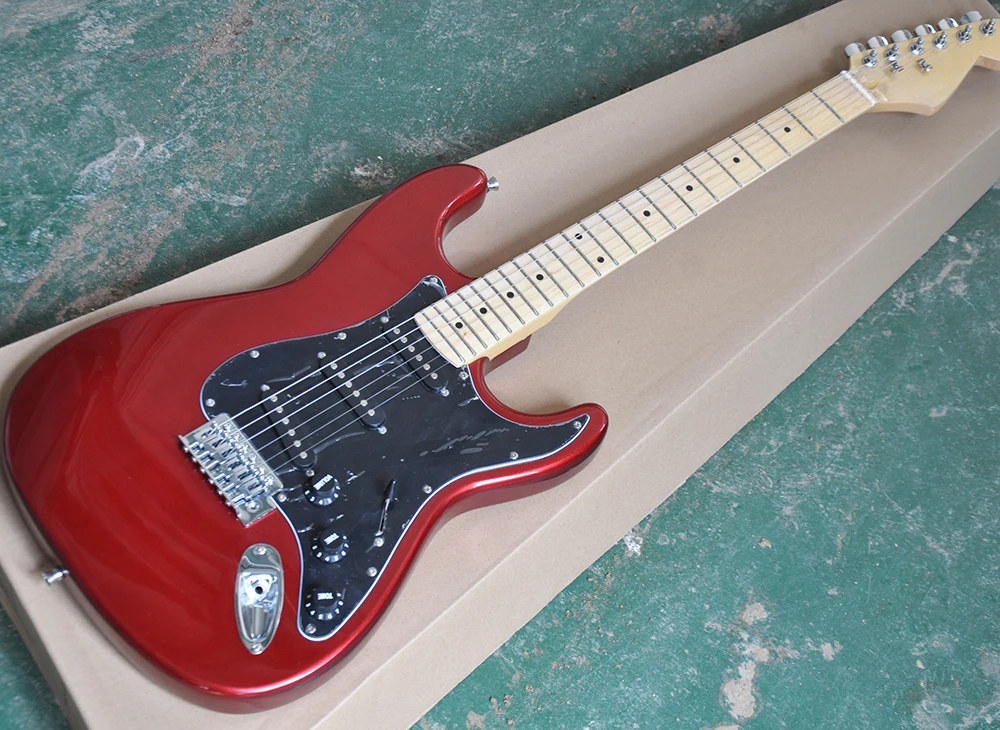 

Wholesale Metallic Red Electric Guitar with Black Pickguard,SSS Black Pickups,Maple Fretboard,offering customized services