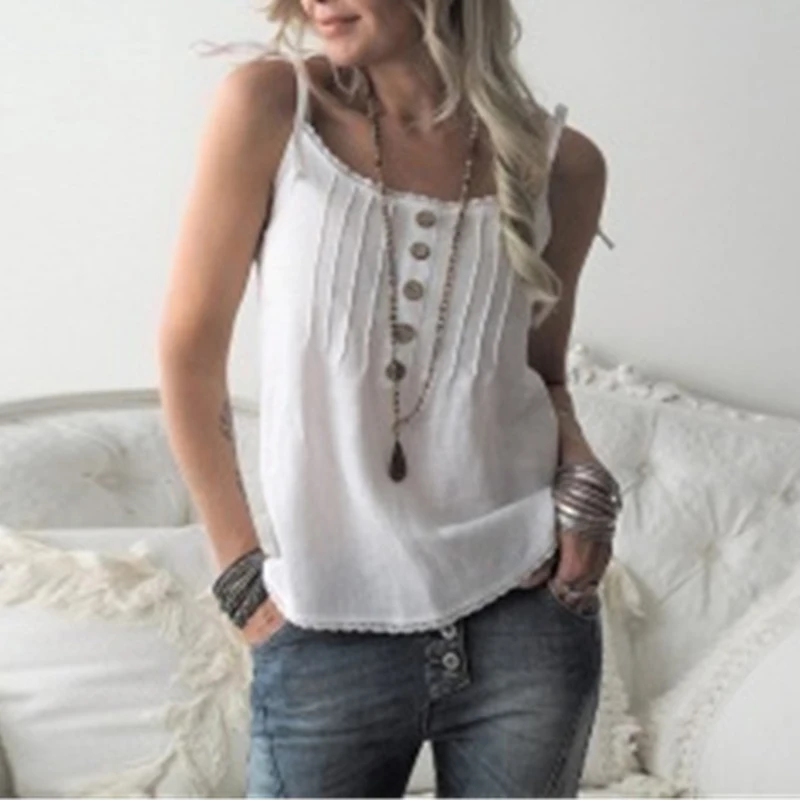 

Women Cotton Casual Slim Solid Summer Sexy Plus Size S-5XL Tank Tops Female Beach Thin Buttons Streetwear Camisole SJ2275E