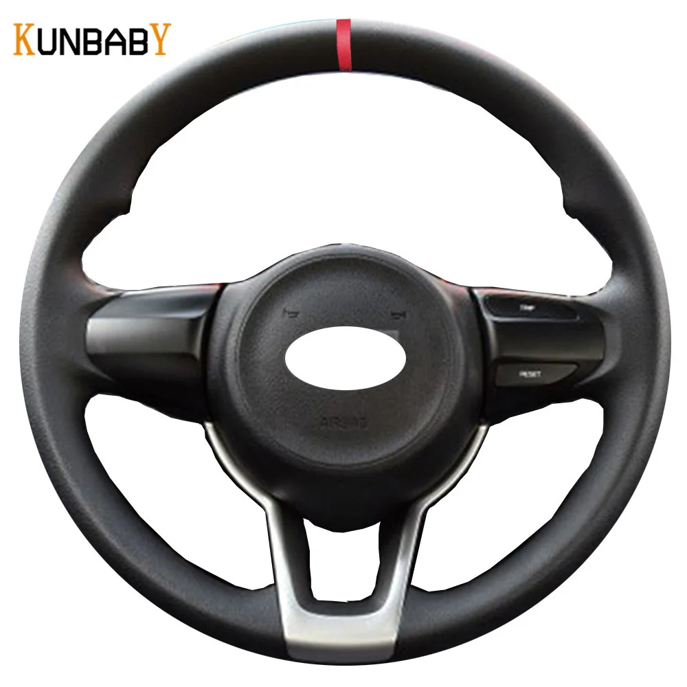

KUNBABY Car Styling Black Genuine Leather Car Steering Wheel Cover Red Marker on Top for Kia Rio K2 Picanto 2017 Morning 2017