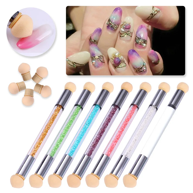 

1 Pc Double-ended Nail Art Gradient Shading Pen Dotting Painting with 5Pcs Sponge Head Rhinestones Handle Nail Art UV Gel Brush
