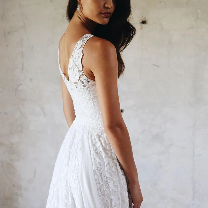 LORIE Beach Wedding Dress Lace V Neck Boho Wedding Gown Custom Made Simple Princss White Ivory Brde Dress Free Shipping 2019