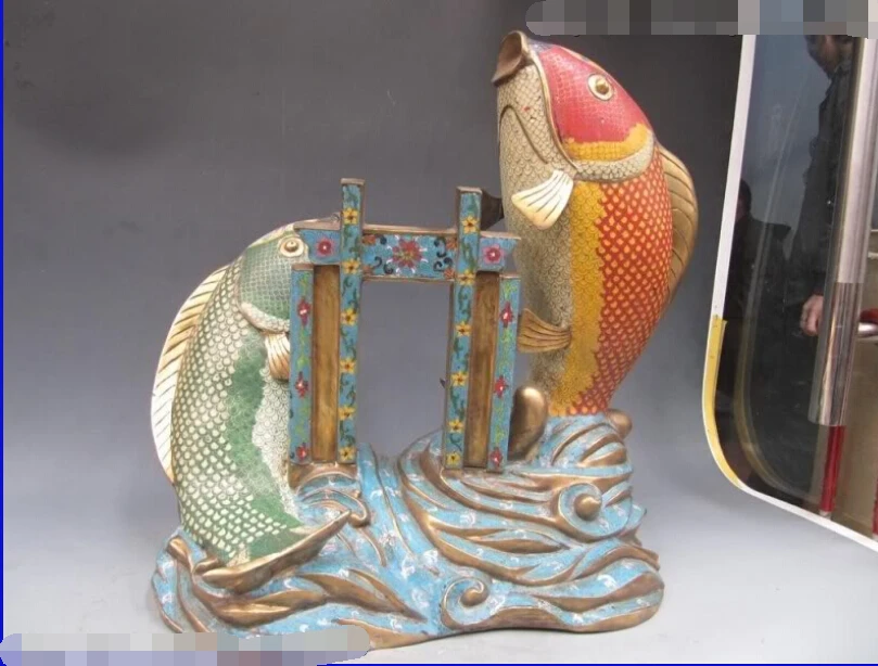 

free 19inch Regius Palace 100% Bronze cloisonne Two Carp Fish Fly Dragon Door fast
