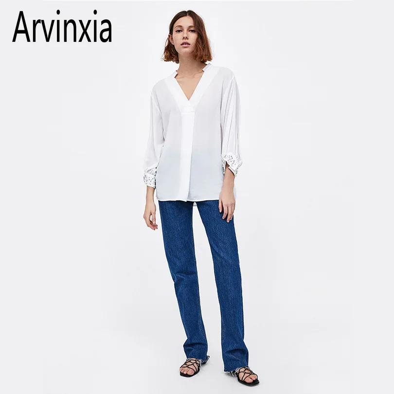 

Arvinxia ZA Comfortable Solid Beading Decorate Women Shirts Casual Vintage Loose Woman Tops New Arrivals Summer Autumn Lady Tops