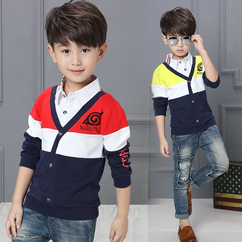 

High Quality Teenage Boys Fake Two Pieces Tops Casual Turn-down Collar Blouses For Kids Cotton Children Autumn Clothes Tee 3-13Y