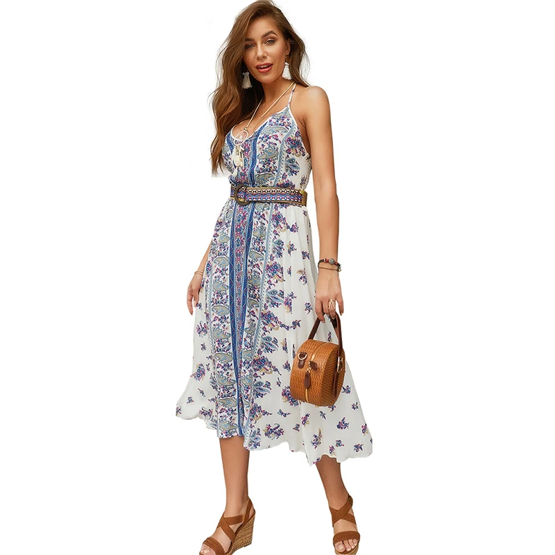 

2019 Summer Women Dress Backless Halter V Neck Boho Beach Long Maxi Dresses Sundress Tee Neck Sleeveless Dress Vestidos