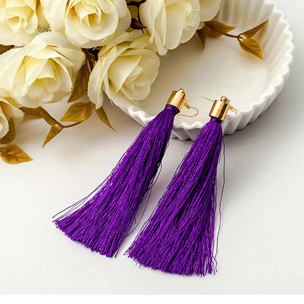 

Vintage Ethnic Long Tassel Drop Earring for Women Jewelry Fashion Black White silk Dangle Earrings for girl aros mujer oreja