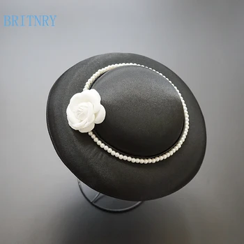 

BRITNRY Vintage Black Wedding Hat Pearls with Flowers Fascinators for Women Elegant High Quality Bridal Hat