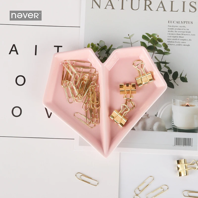Never Pink Series office business Stationery Set Heart Shape Ceramic Tray Holder With Paper Clips Gift Supplies Stationery Store