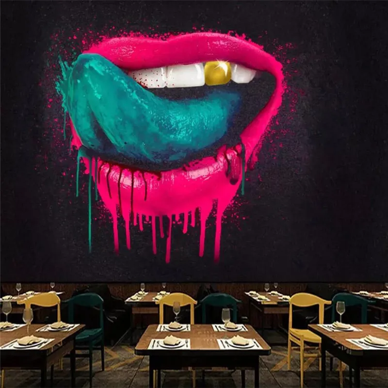 Custom Mural Wallpaper Graffiti Golden Teeth Big Mouth Tooling Wall