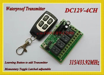 

12V DC 4CH Relay 1 Receiver & 1 Transmitter RF Wireless remote control Switch Momentary Toggle Latched Waterproof Transmitter