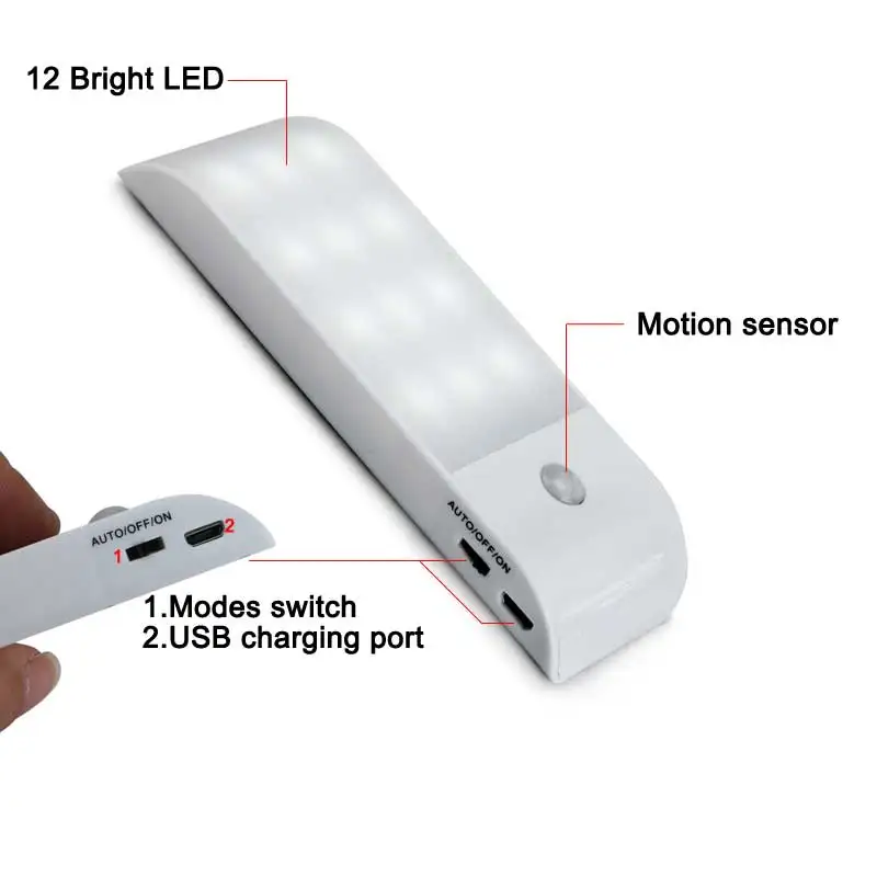 12LED FYD-1616 USB Motion Sensor Lights PIR Wireless Night Light Cabinet Strip