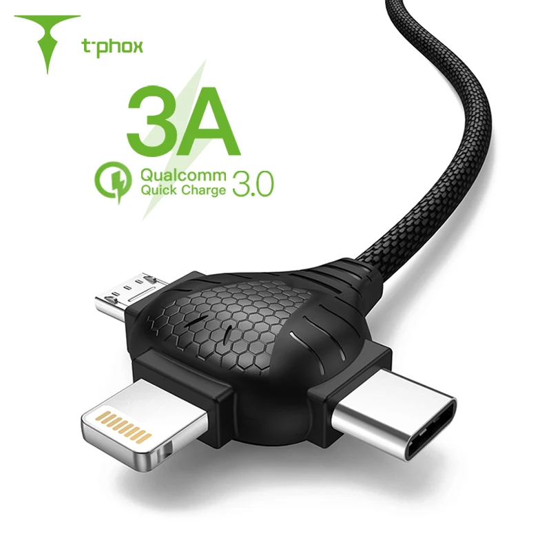 

T-phox 3 in 1 USB Cable for iPhone XS XR 8 6 Micro USB Type C Cable for Huawei P30 Xiaomi 9 Samsung S10 USB C Charging Cable