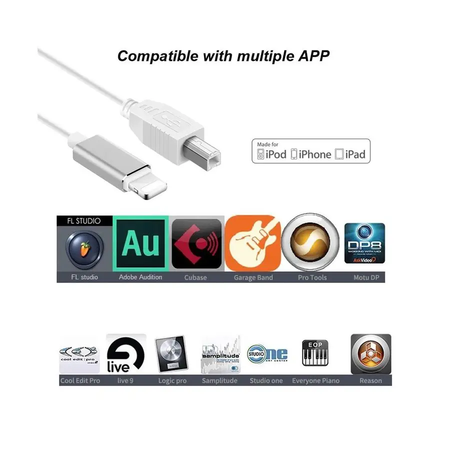  For L to Type-B MIDI Keyboard Converter USB 2.0 Cable for iPhone iPad X iPad