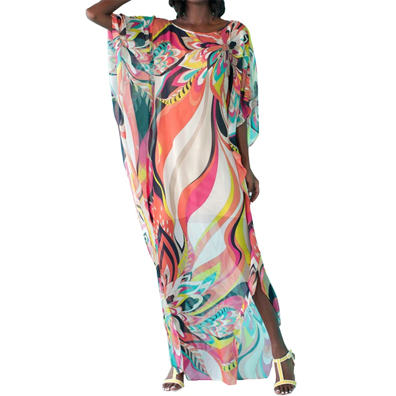 

Women Kaftan Beach Dress Summer Covers Up Pareos Sarongs Sexy Chiffon Bikini Printed Cover-Up Beach Tunic Swimsuit Robe De Plage