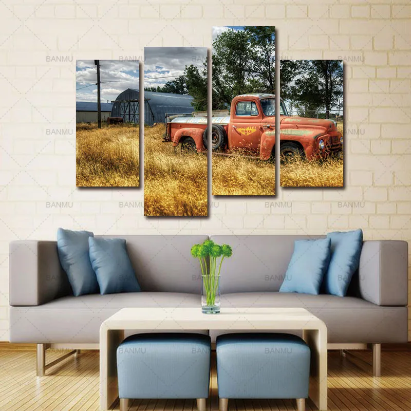 Wall Art Painting Pictures Print On Canvas Car In Red Trees And Dry Grasses In Field Car The Picture For Home Modern Decoration