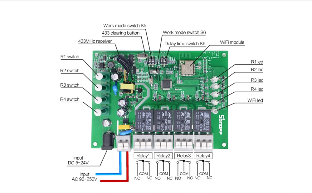 ITEAD SONOFF 4CH Pro R2 4 банда монтажный беспроводной переключатель 433 МГц Wifi Пульт дистанционного управления для IOS/Android