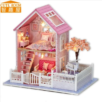 

Assemble DIY Wooden House Toy Miniatura Doll Houses Miniature Dollhouse toys With Furniture LED Lights Birthday Gift A036