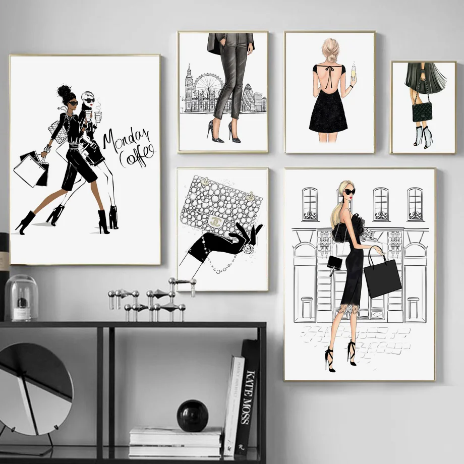 

Nordic Style Home Decor Canvas Paintings Printed Wall Artwork Paris Fashion Girl Vintage Modular Pictures Posters Living Room