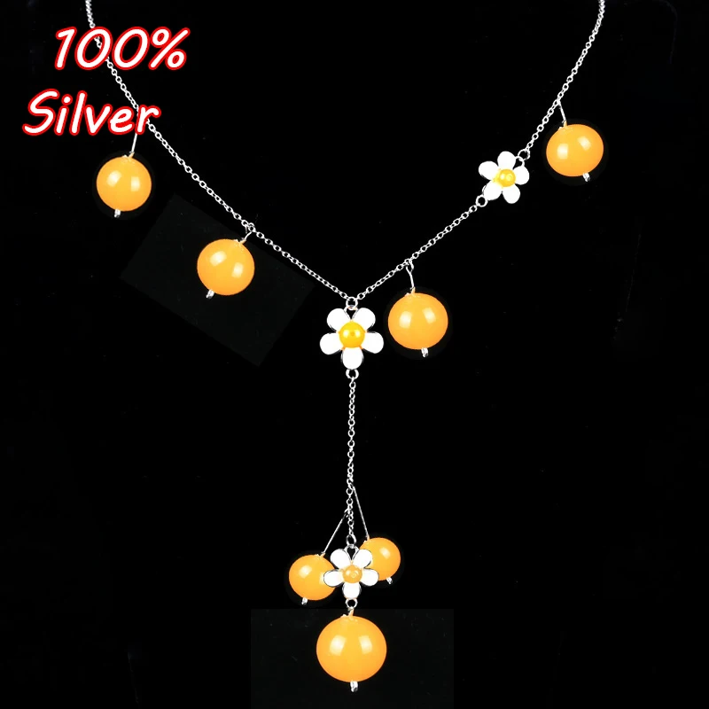 

100% 925 Sterling Silver Necklace With Beaded 6MM-11MM Pendant Blank Amber Round Bead Necklace