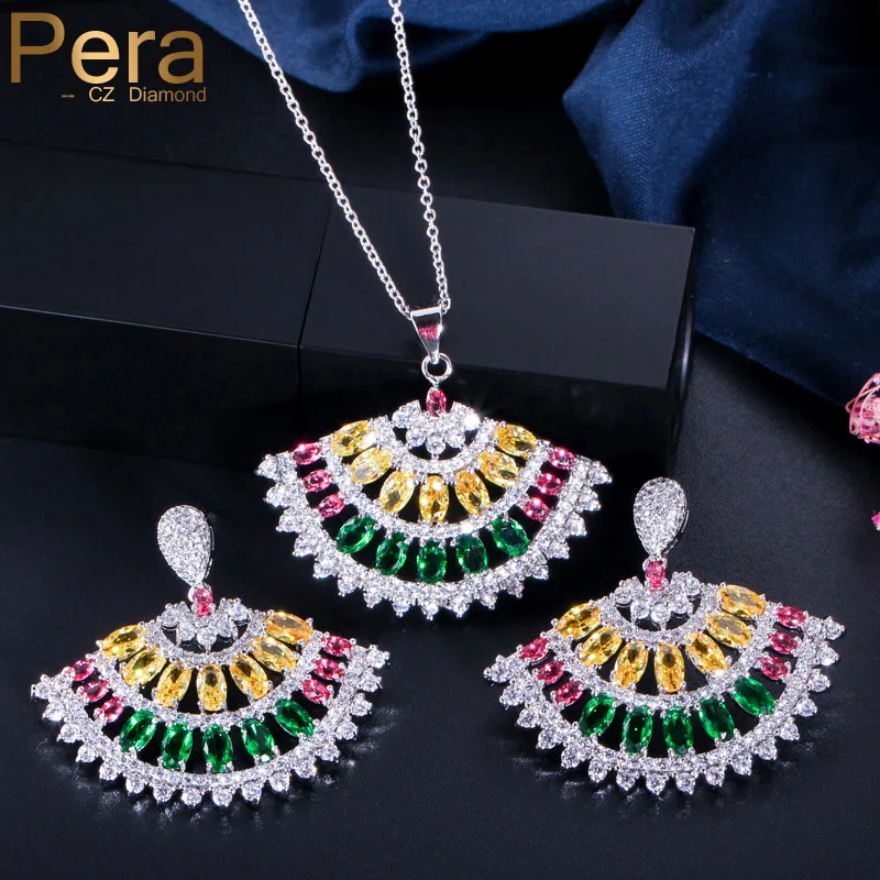 

Pera Elegant Women Prom Party Summer Style Jewelry Set Big Fan Shape AAA Multi Colored Cubic Zirconia Necklace And Earrings J027