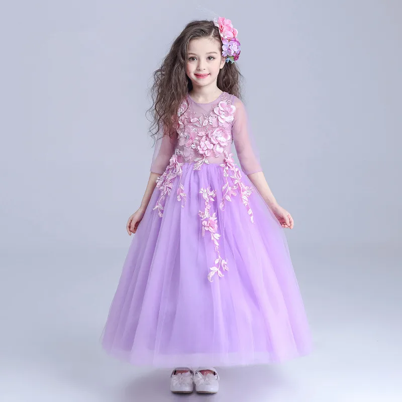 

5-13T Autumn Gift Lavender Long Flower Girls Party Dress kids Teenagers Half Sleeve Floral Fancy Princess Birthday Costume