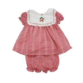 

summer baby girls clothing set red white plaid embroidered strawberry pattern sweet baby clothes set