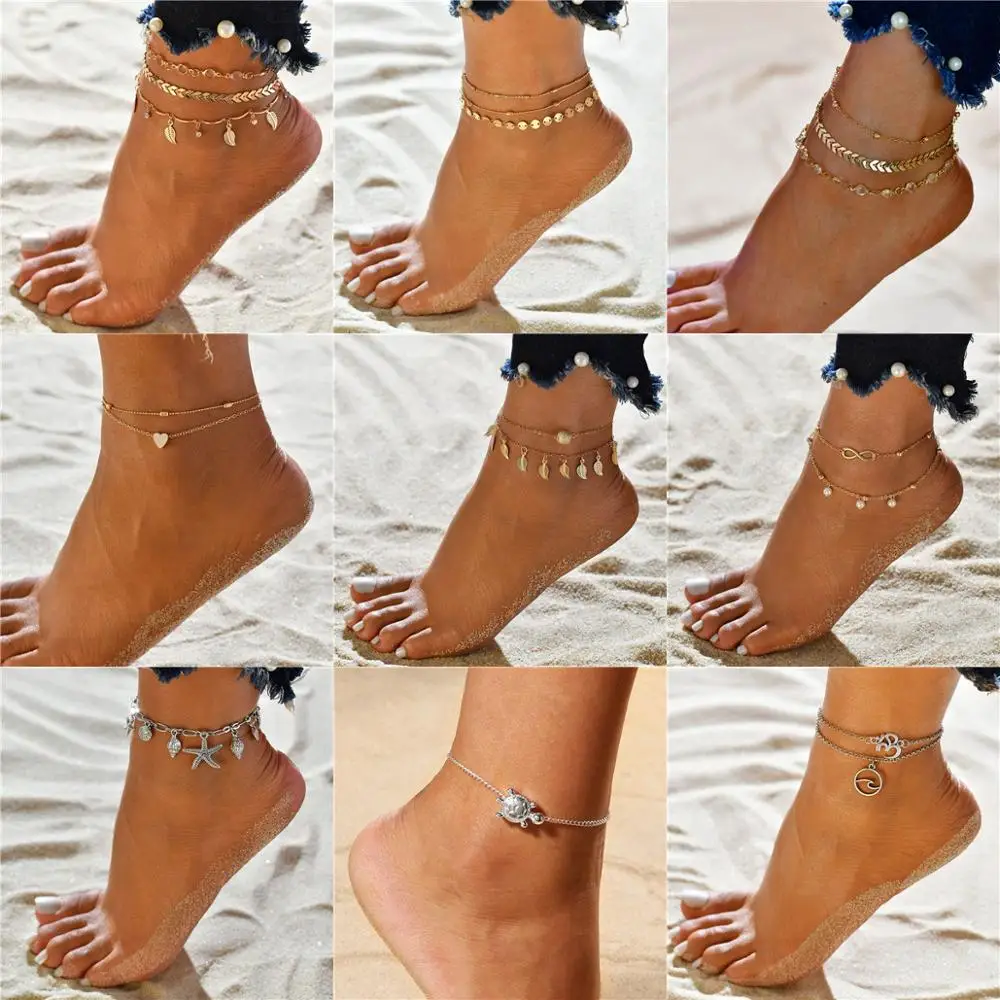 

Modyle Gold Color Crystal Sequins Anklet Set For Women Beach Foot jewelry Vintage Statement Anklets Boho Style Summer Jewelry