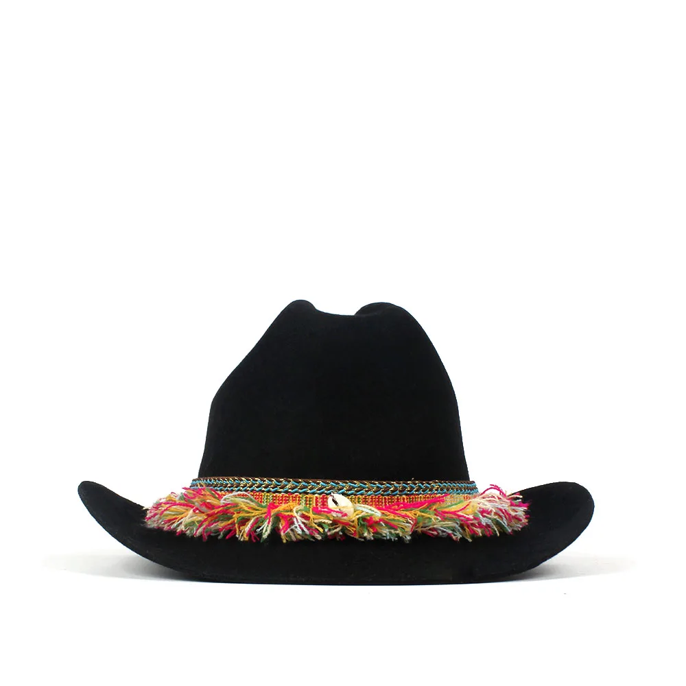 Шерсть Женская шерстяная кисточка ковбойская шляпа женская черная фетровая шляпа Sombrero Hombre Montana шляпа 57-59 см