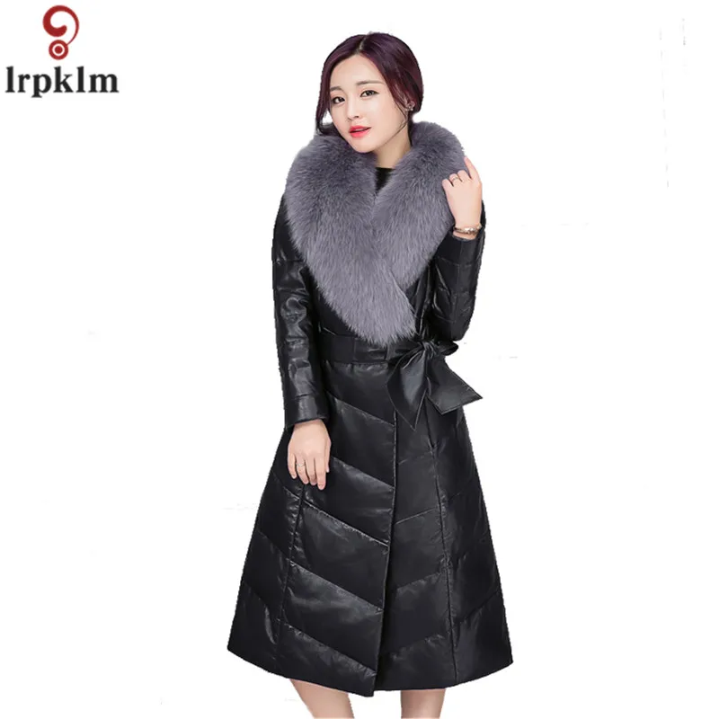 

High Quality Women Winter Down Jacket Faux Fox Fur Collar 2018 Korean Version New Leather Down Winter Jacket Long Outwear CH677