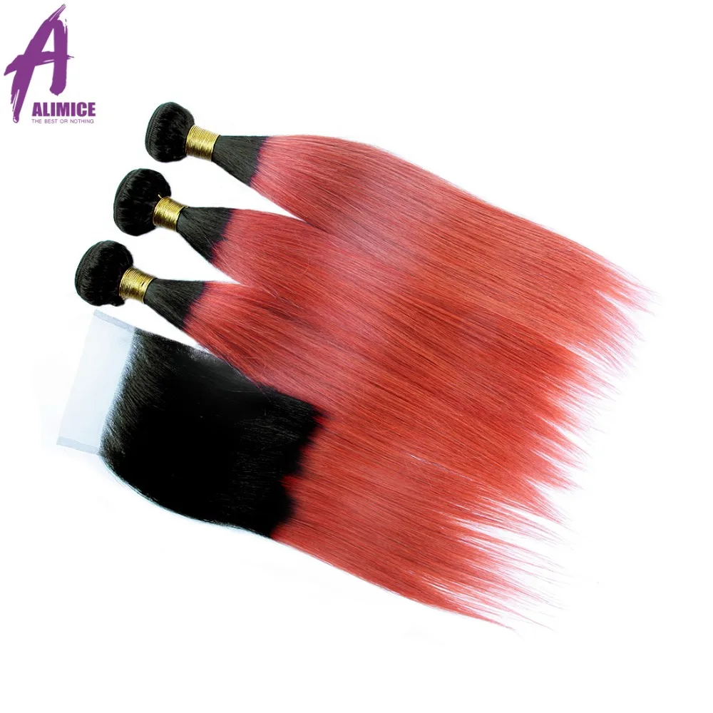 Alimice Ombre Bundles With Closure Brazilian Straight Hair 3 Bundles With Lace Closure 1BLight Pink Colored Human Hair Weave  (17)