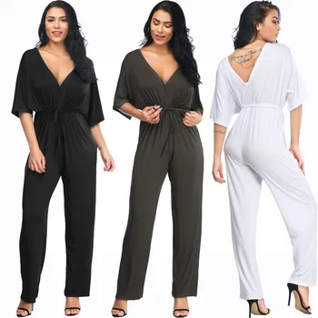 

New European and American fashion personality solid color large V-neck hollow casual elegant women's sexy jumpsuit