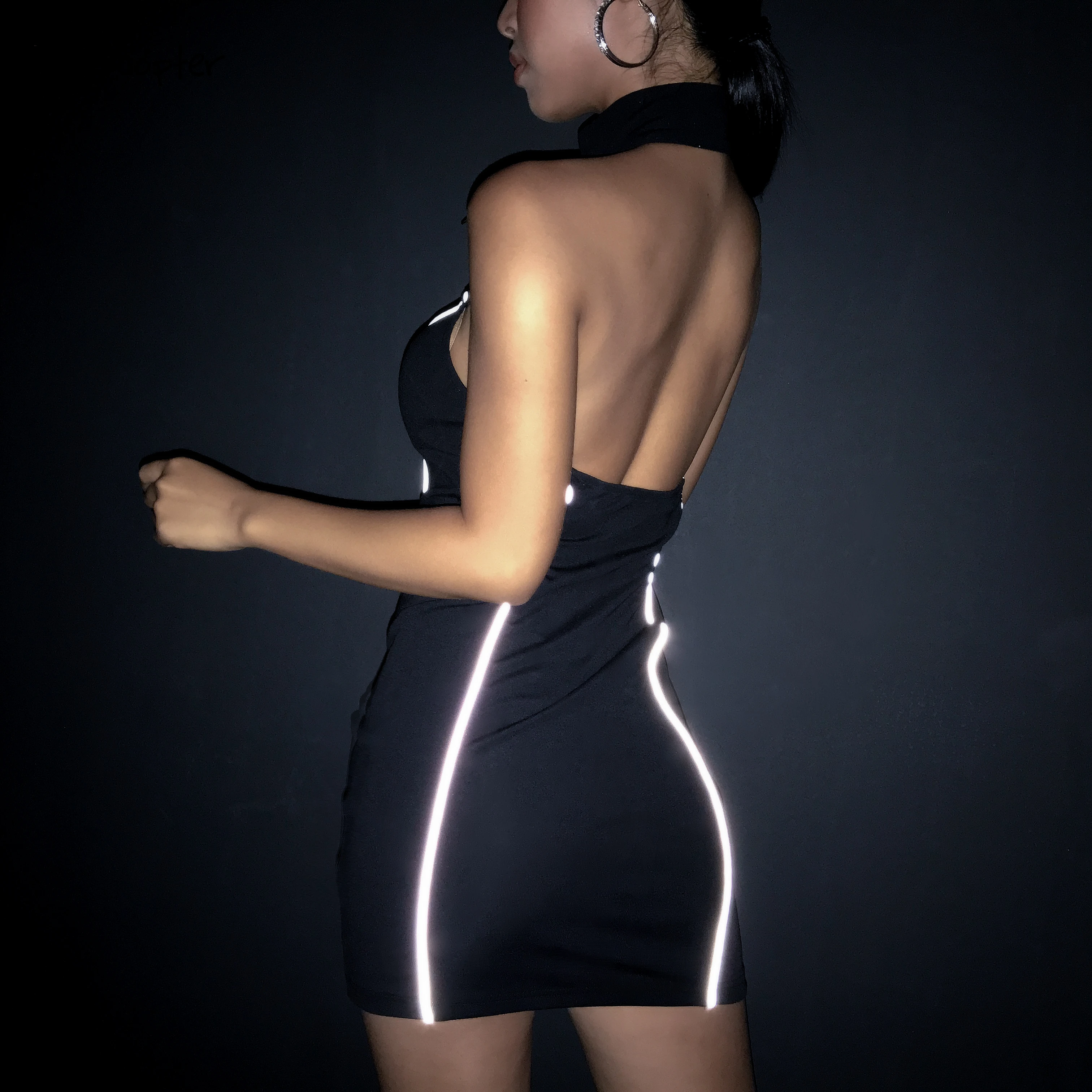 

Rapcopter Women Reflective Light Skinny Dresses Female High Street Empire Spaghetti Stap Sleeveless Crop 2019 Summer Mini Dress