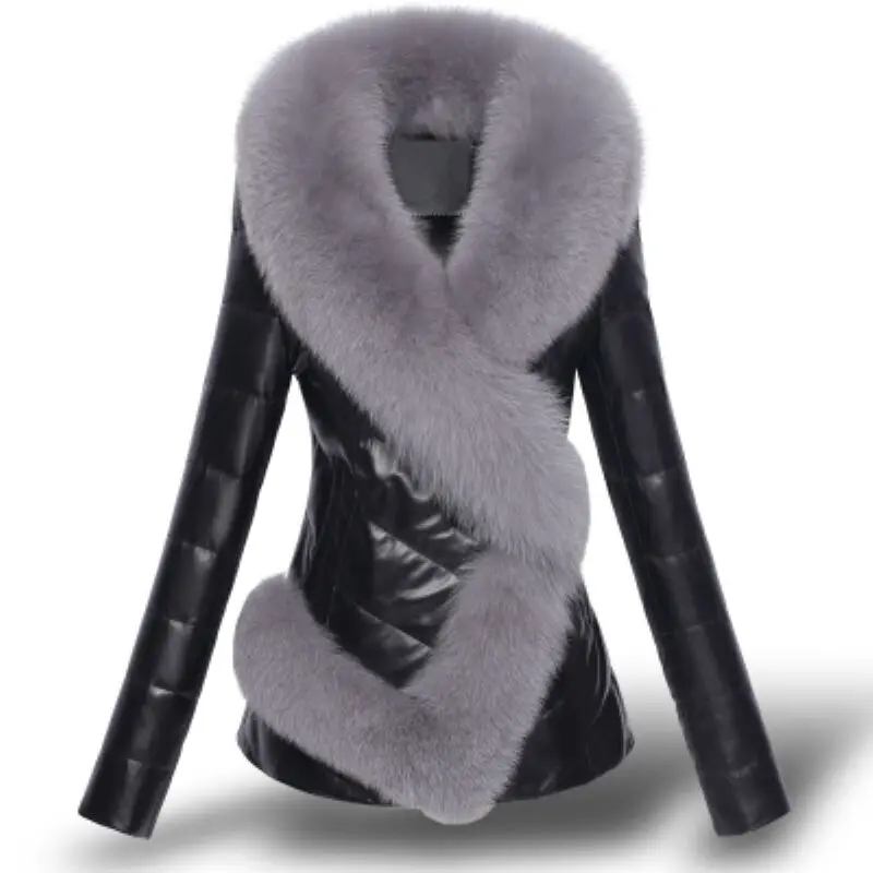 Женская кожаная куртка большого размера с воротником из искусственного меха, короткая тонкая верхняя одежда из искусственной кожи, новая зимняя куртка, теплое пуховое хлопковое пальто 3XL 789