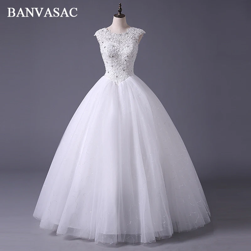 

BANVASAC 2018 Real Photos O Neck Crystal Ball Gown Wedding Dresses Elegant Lace Appliques Open Back Bridal Gowns