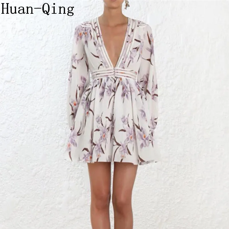 

New Spring Runway Designer Vintage Printed Vacation Mini Dress Women Sexy Deep V-Neck Long Sleeve Elegant Party Dresses Vestidos