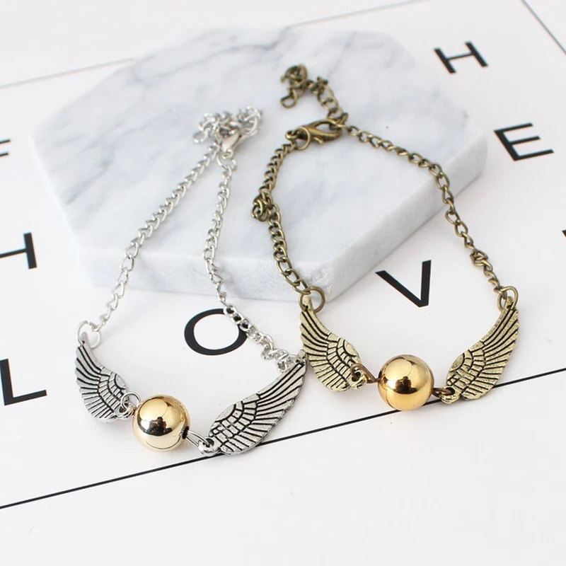 

Hot Sell Harry Deathly Hallows Golden Snitch Potter Bracelet for women and men cute ball wings chain bracelets nice gifts B-0840