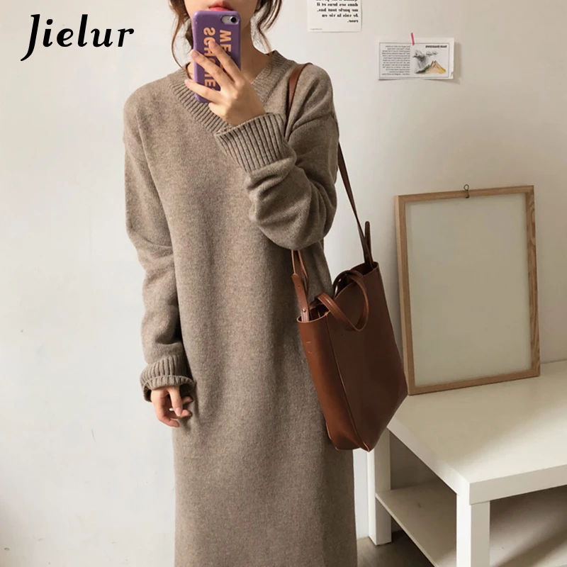 

Jielur Sweater Dress Women Chic Korean Style New Fashion Warm Knitted Dresses Vintage Khaki Black Vestidos Casual V-neck Vestido