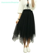 Fashion Women Tulle Tutu Skirt Ball Gown Summer 3 Layers Mesh Pleated Skirts Womens Party Asymmetrical Hem Midi Skirt BQ3002