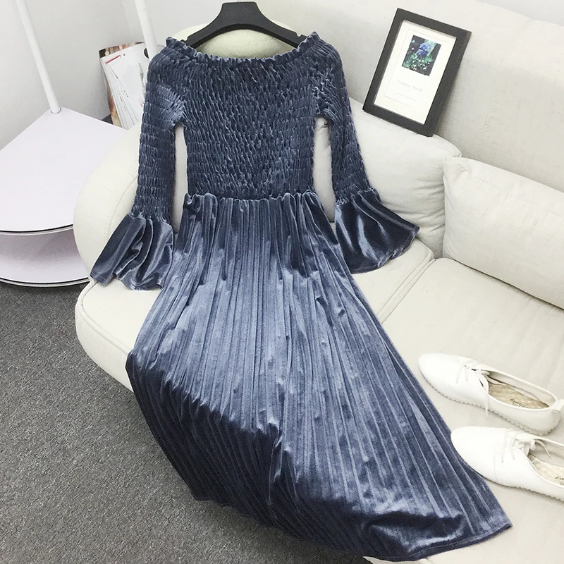 Весенние женские Платья Vestidos Элегантный бархатное платье с вырезом лодочкой