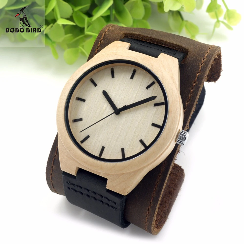BOBO BIRD Mens Top Brand Luxury Wooden Quartz Watches Japanese 2035 Movement Watches with Wide Leather Strap relojes hombre 2017