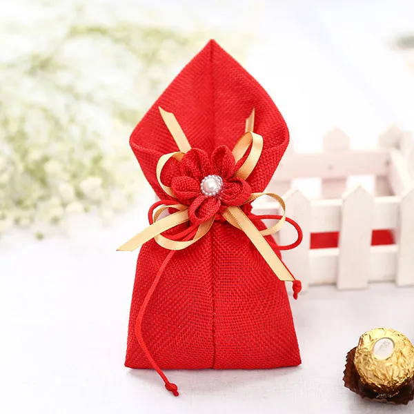 30x DIY красивая льняная Свадебная сумка цвета слоновой кости декоративные сладости с цветочным декором - Цвет: Красный