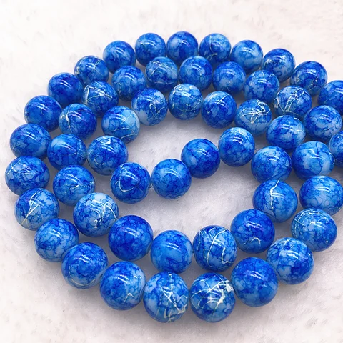 4/6/8/10mm Blue Glass Beads Round Loose Spacer Beads Pattern For Jewelry Making DIY Bracelet Necklace #11