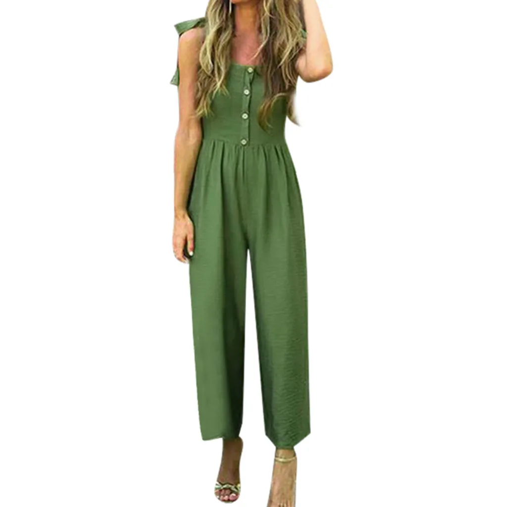 

Womail Summer Solid With Buttons Shoulder Strap Bandagws Casual rompers womens jumpsuit long pants plus size 2019 playsuit