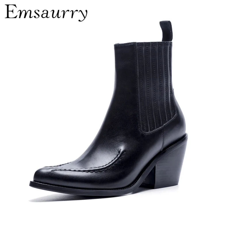 

British Style Chelsea Boots Quality Black Leather Pointed Toe Chunky Heel Wedges Slim Ankle Boots Women
